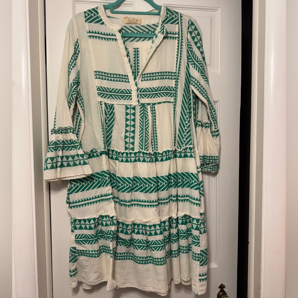 Green and white mini dress